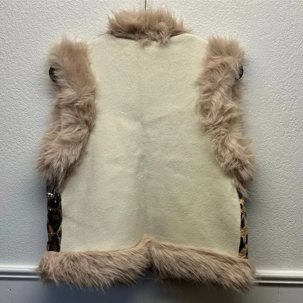 NWT, Women’s One-Size Leopard Sequin Faux Fur Trim Vest, K643 - Picture 11 of 14